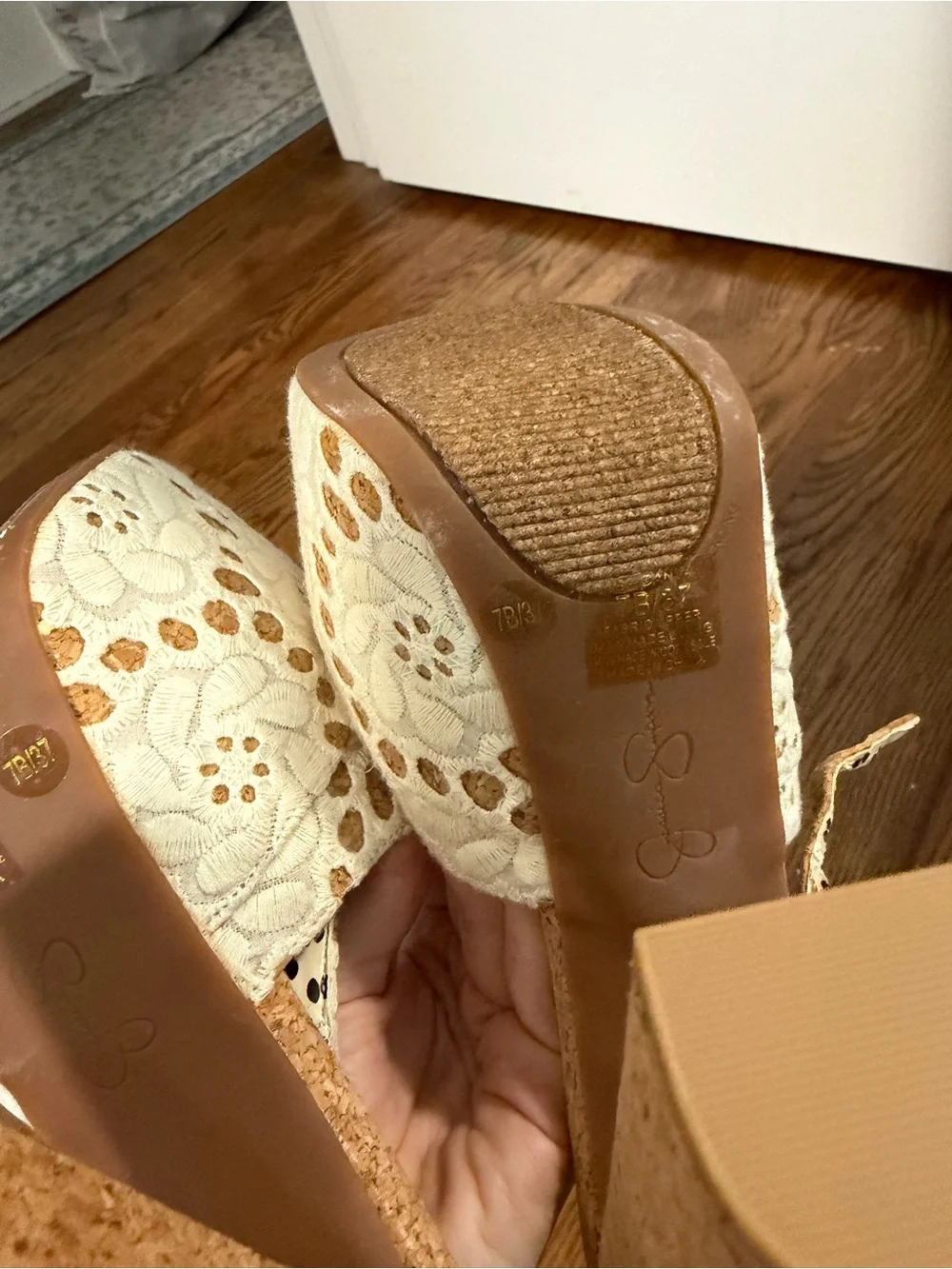 Jessica Simpson Cream Lace Cork Wedge Sandals